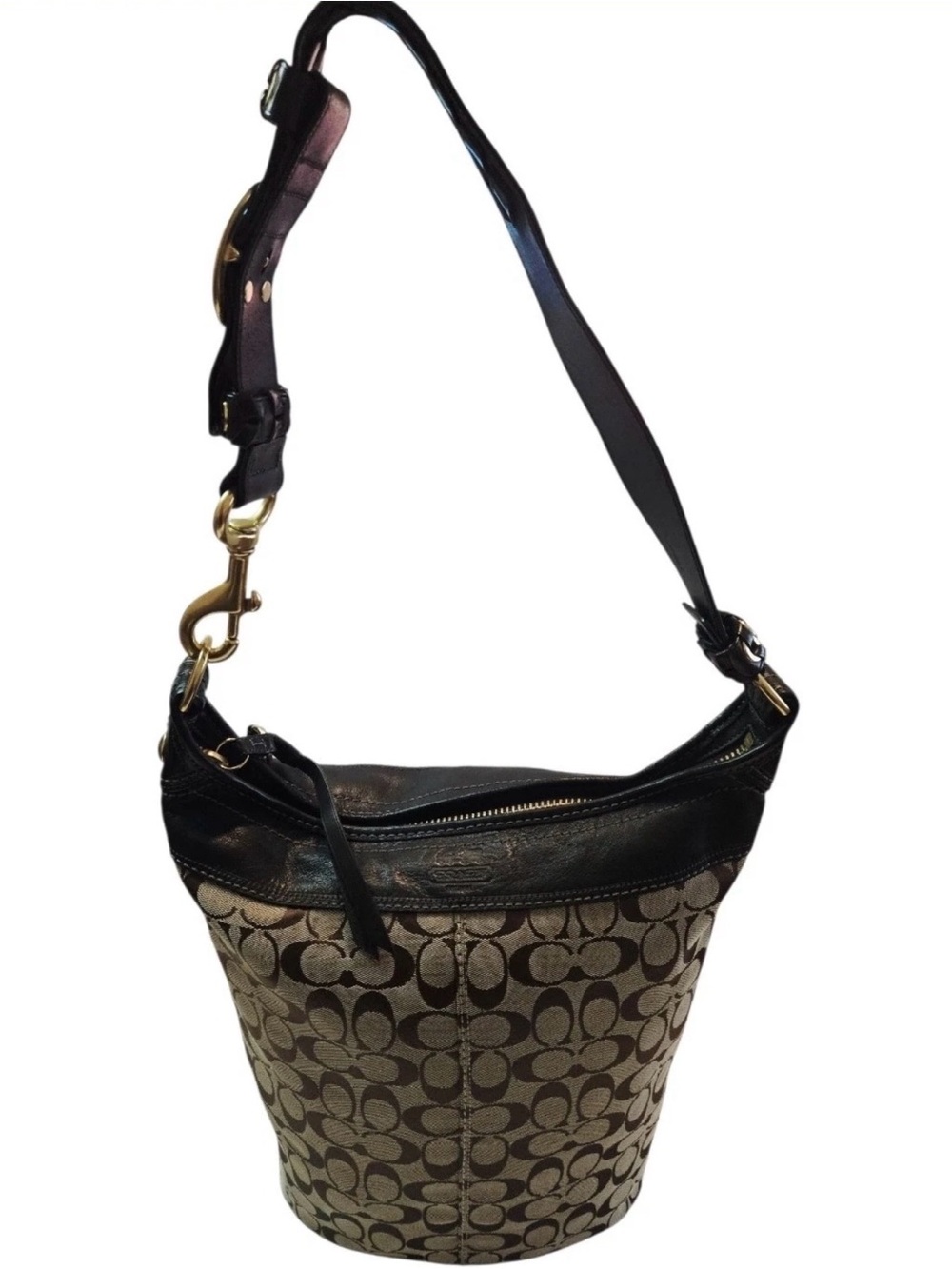 Coach Bleecker Brown Canvas Black Leather Trim Bucket Bag